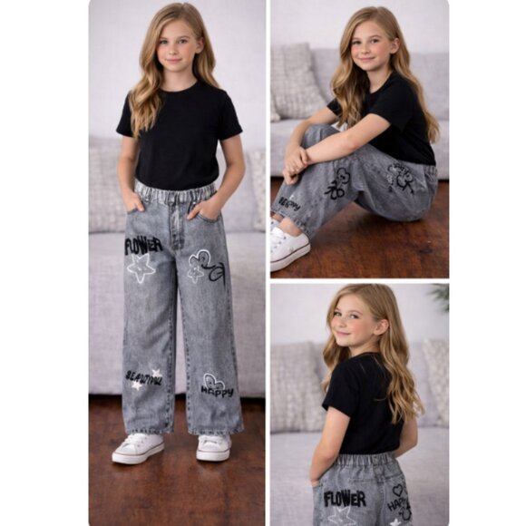 SHEIN Other - Gray Wide Leg Jeans Y2K Graphic Denim Pants High Waist Baggy Streetwear Cartoon